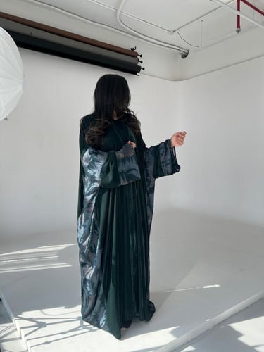 ⁠Green Velvet Silk Contrast Abaya Half Bisht Cut