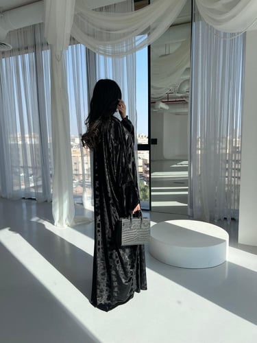 Soft Black Printed Velvet - Half Bisht Cut