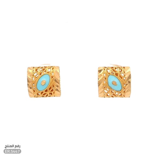 حلق ذهب عيار 21 تصميم شبكي وفص فيروزي أنيق (ER.544...