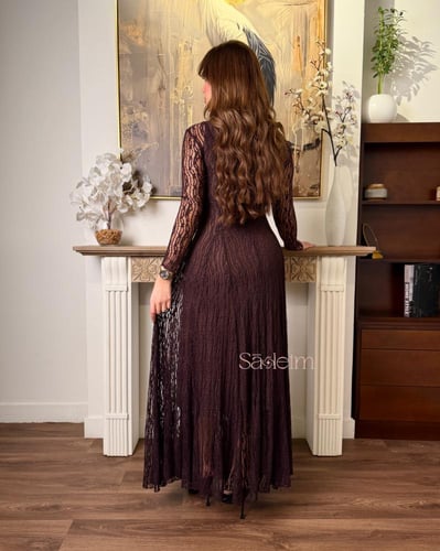 فستان بني بأكمام طويلة و بياقة دائرية