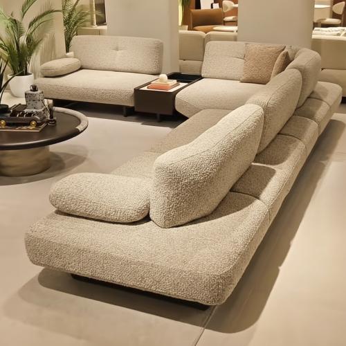 كنبة زاوية مودرن منخفضة قماش بوكليه لون بيج فاتح