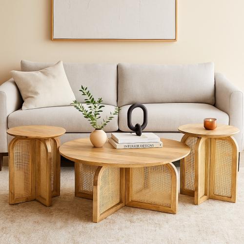 Coffee table set and side tables natural wood and...