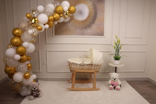 سلة خيزران خشبي قطن سكري مع كسرات – مهد مواليد ناع...