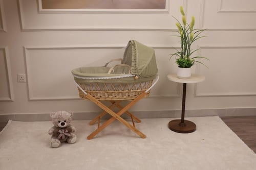 سلة موسى خيزران قماش اللنن زيتي – مهد مواليد طبيعي...