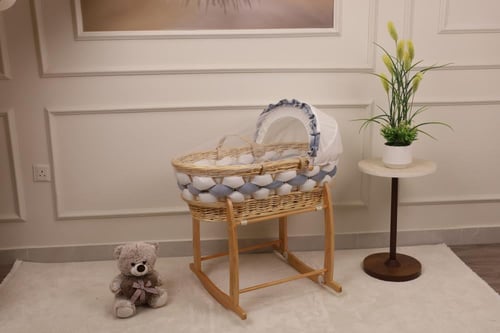 سلة موسى خيزران خشبي ضفيرة سماوي – مهد مواليد فاخر...