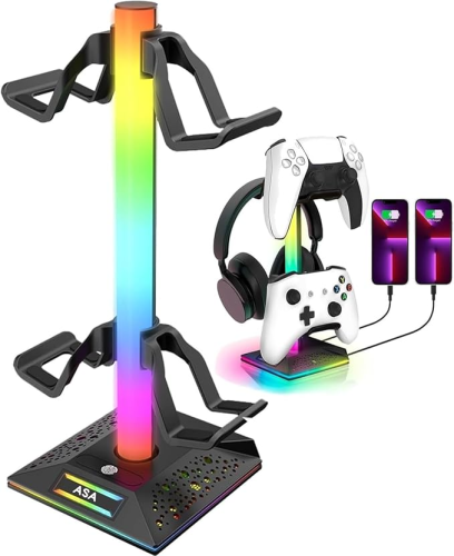 حامل سماعات راس للالعاب RGB مع 10 اوضاع اضاءة من ASA وحدة تحكم منفذي USB ملحقات العاب الكمبيوتر للمكتب منظم تخزين عالمي لسماعات ال...