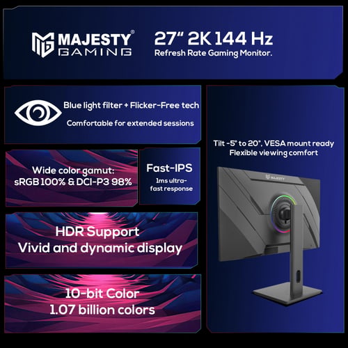 شاشة كمبيوتر ماجيستي 27 بوصة – QHD 2K، 144Hz، 1ms،...