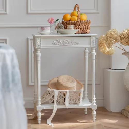 طاولة جانبية بيضاء عتيقة فرنسية ، حامل أصيص زهور ر...