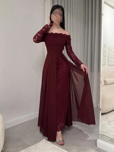 فستان سهرة عنابي دانتيل بأكمام طويلة - توليب