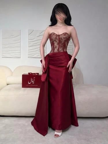 فستان سهرة عنابي بكورسيه دانتيل وفيونكة - امارا