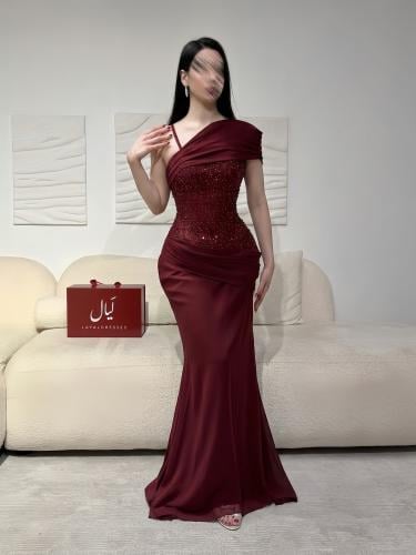 فستان سهرة عنابي شك بكتف واحد - تودد