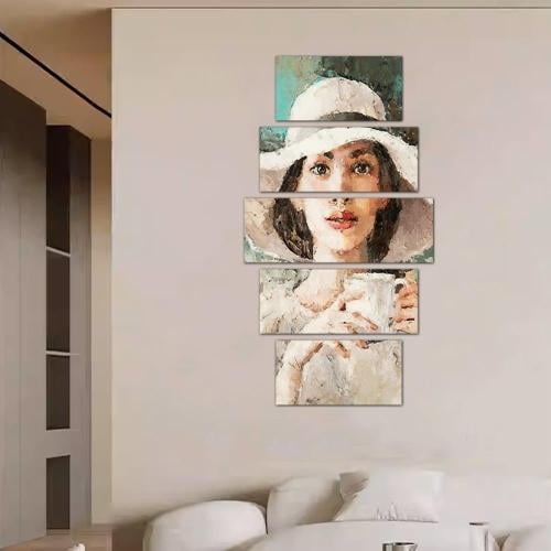 Modern wall art of a woman drinking coffee - 24025 - divided into five graduated pieces - 1
