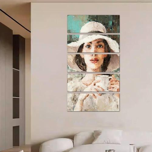 Modern wall art depicting a woman drinking coffee - 24025 - divided into five equal pieces