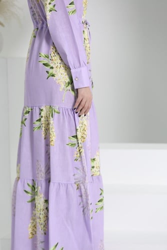 ثوب كتان طبعة ورود كم طويل فري سايز