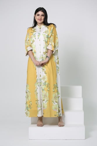 ثوب كتان بنقشة ورود كم طويل فري سايز