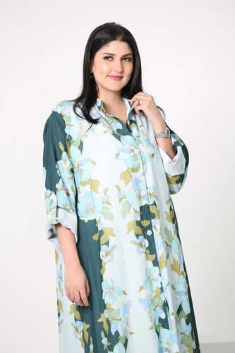 ثوب كتان بنقشة ورود كم طويل فري سايز