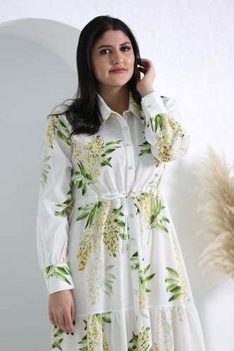 ثوب كتان طبعة ورود كم طويل فري سايز