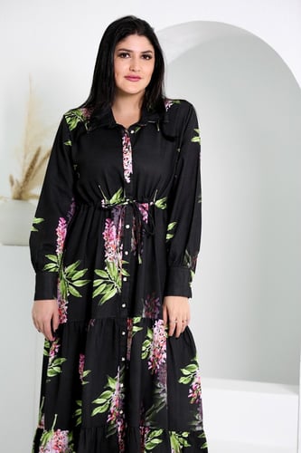 ثوب كتان طبعة ورود كم طويل فري سايز