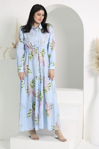 ثوب كتان طبعة ورود كم طويل فري سايز