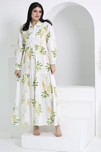 ثوب كتان طبعة ورود كم طويل فري سايز