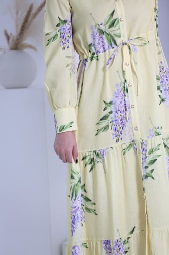 ثوب كتان طبعة ورود كم طويل فري سايز