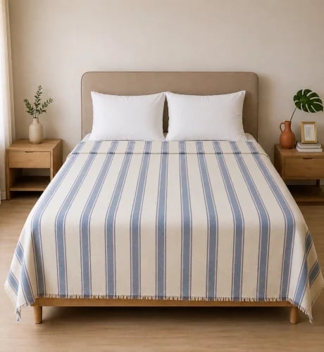 Handmade fabric blanket, blue and pink, wide