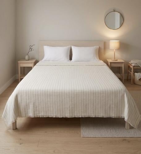 Handmade fabric blanket beige with blue stripes