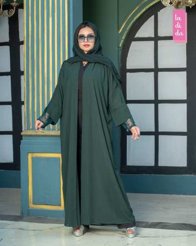 عباية نسائية لون أخضر دانتيل في الأكمام