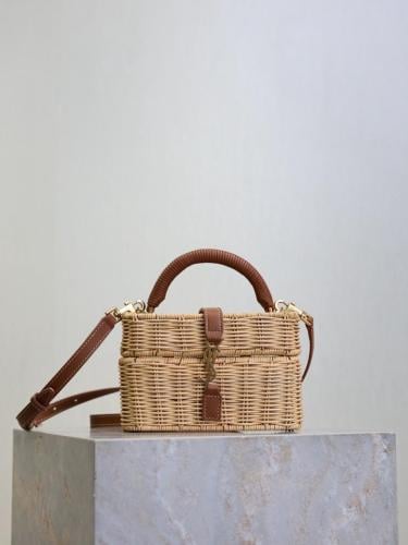 حقيبة كتف 18 سم من القش المنسوج مزينة بالجلد من سا...
