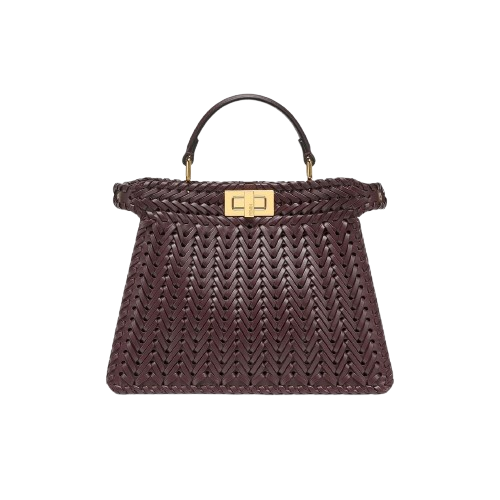 شنطة فندي بيكابو جلد محبوك سمول - بني