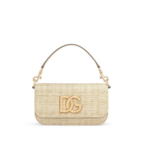 شنطة عملية جلد ببروش شعار الماركة DG بيج فاتح