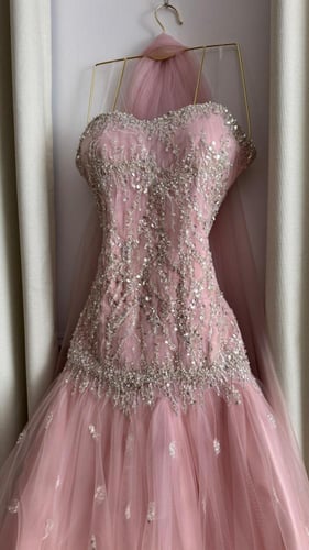 فستان سهرة وردي منفوش بتطريز فضي