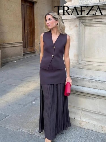 TRAFZA المرأة 2 قطعة مجموعة الخامس الرقبة أكمام زر...