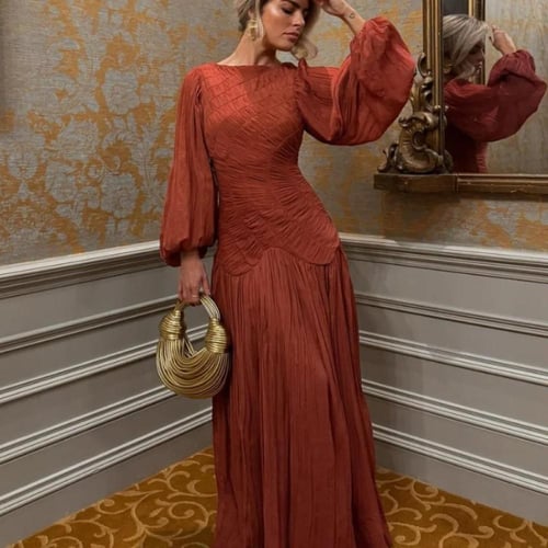 أنيقة مطوي فانوس طويل الأكمام فستان طويل المرأة س...