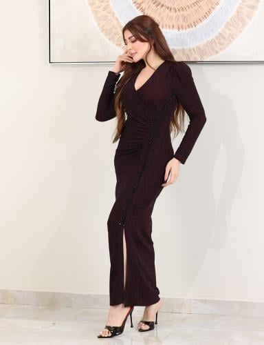 فستان كم طويل قرنقدي لف مزين فصوص