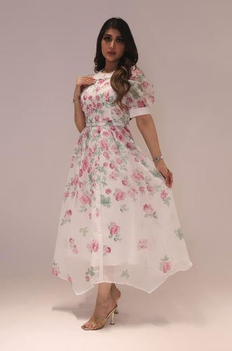 فستان طويل شيفون مشجر باكمام قصيرة