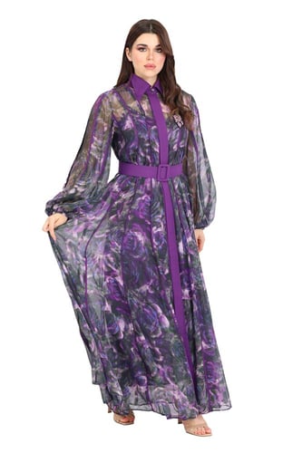 فستان طويل شيفون مشجر بحزام عريض