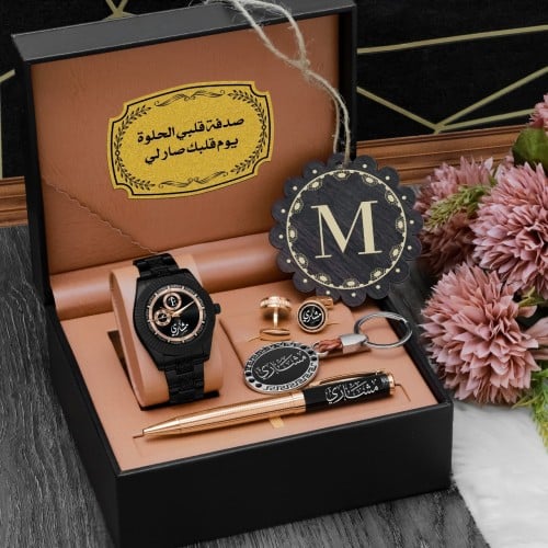 طقم رجالي هدايا فخمه ساعه استيل وقلم بالاسم وكبك و...
