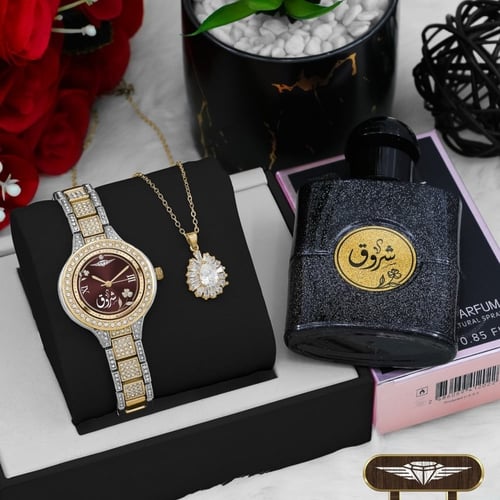 طقم هدايا نسائي ساعه استيل ضمان سنه وعطر وسلسال فص...