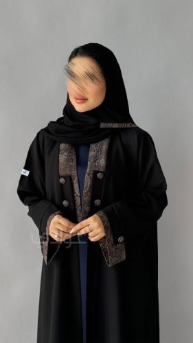 عباية سوداء بقماش ليمار بتداخل قماش لينن هندي منقش...