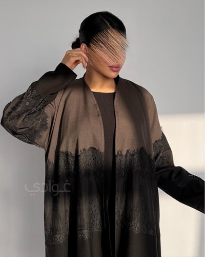 عباية عيد ليمار بني وأسود ربع كلوش بدانتيل فاخر-11...