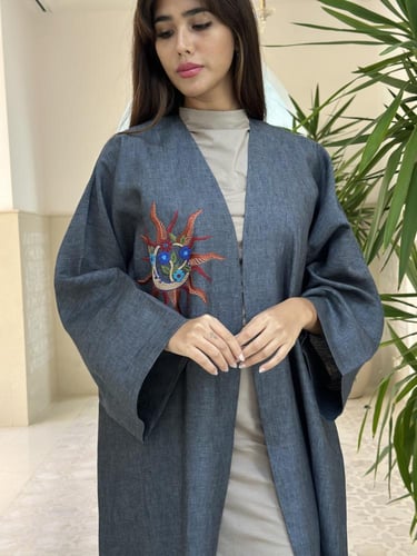 Linen abaya with radiant sun embroidery