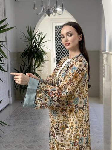 Printed voile abaya with embroidery