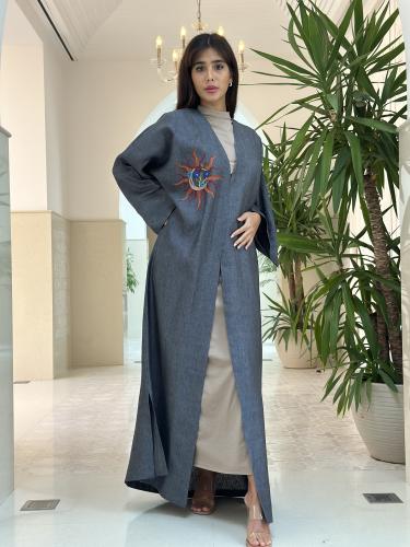 Linen abaya with radiant sun embroidery