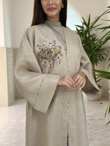 Linen abaya with butterfly embroider
