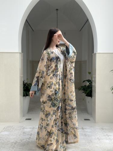 Printed voile abaya with embroidery