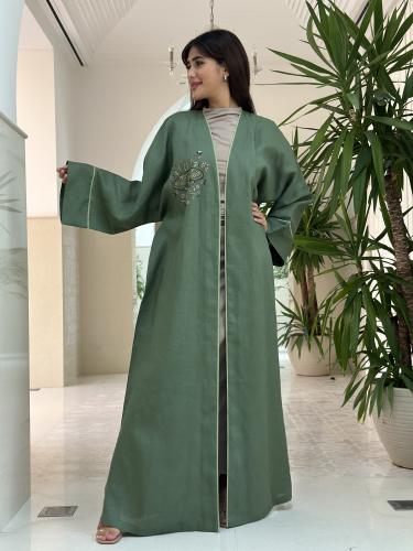 Linen abaya with butterfly embroider