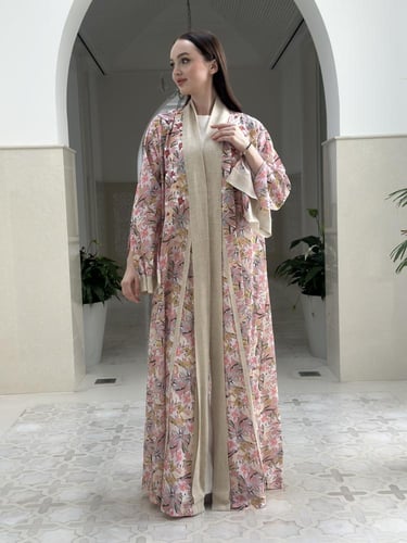 Printed voile abaya with embroidery