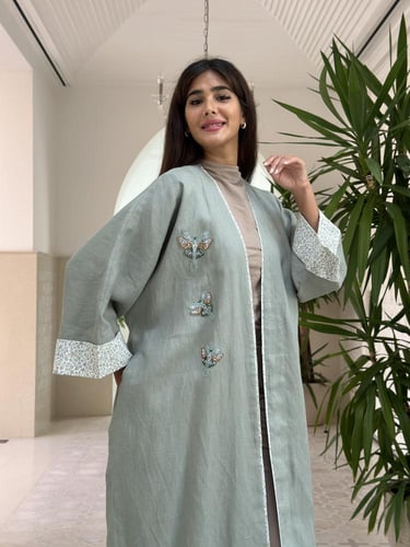 Linen abaya with butterfly embroidery