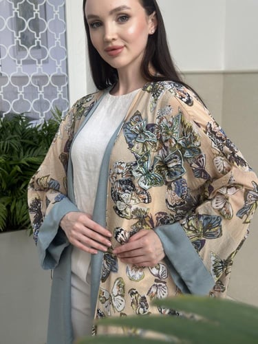 Printed voile abaya with embroidery